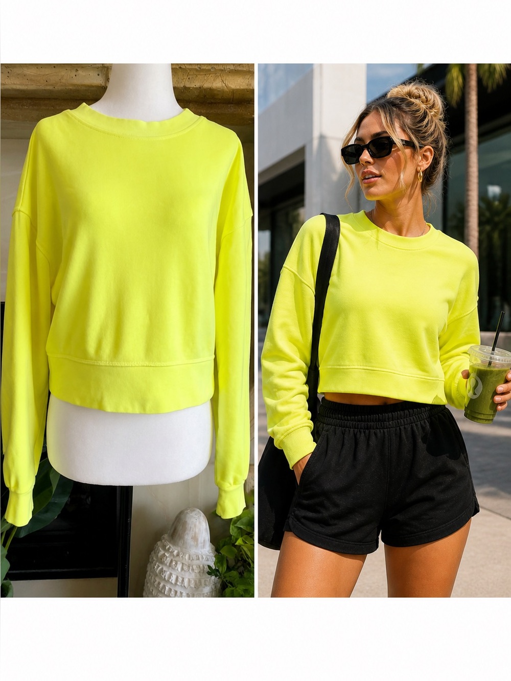 Lululemon Cropped Crew Sweatshirt Neon Yellow French Terry Size 4